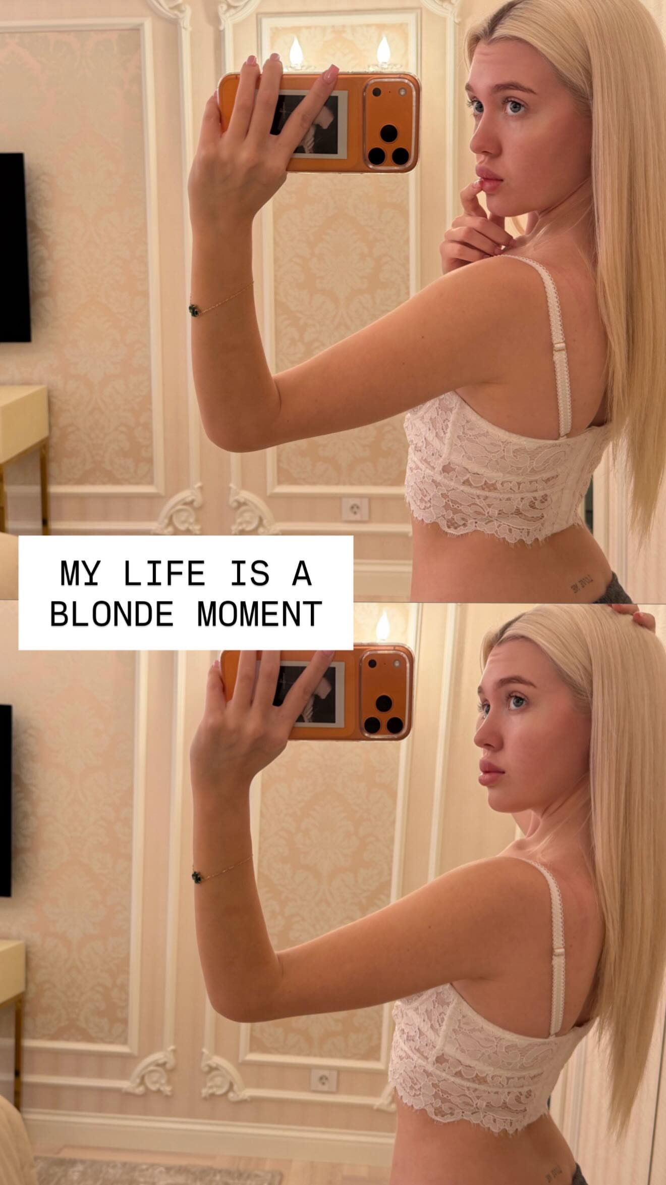 Veronika Mochalova mirror selfie in white lace top